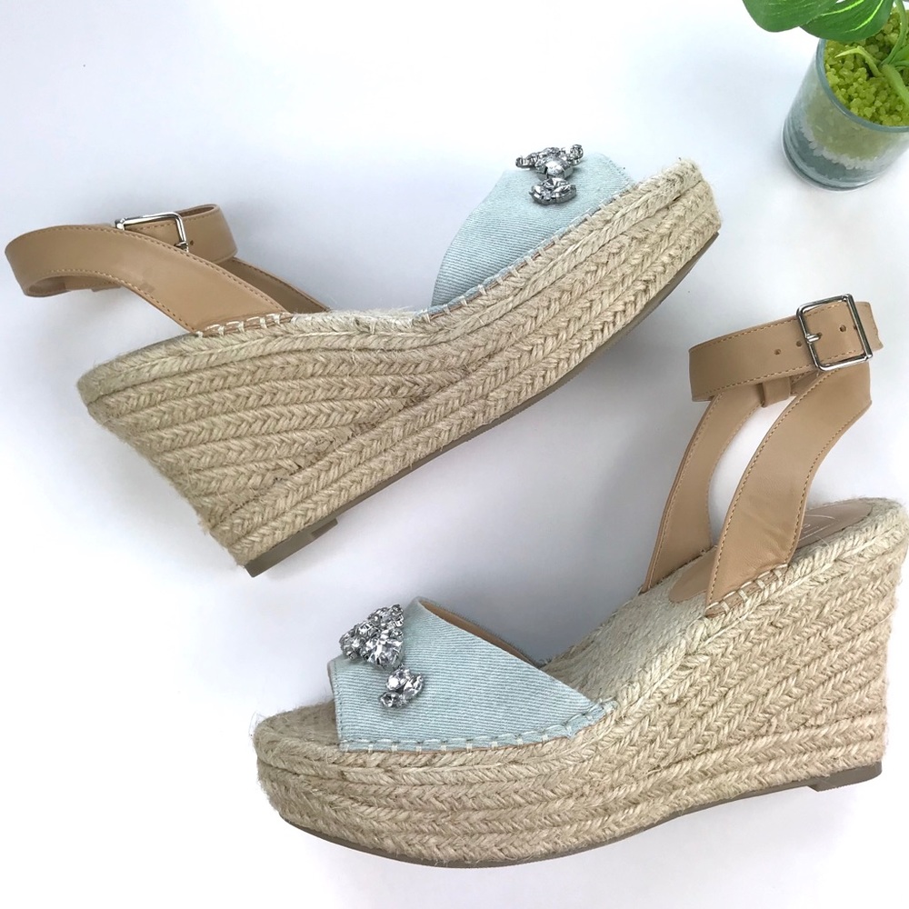 Kaari Blue Tan and Light Blue Espadrille Wedges